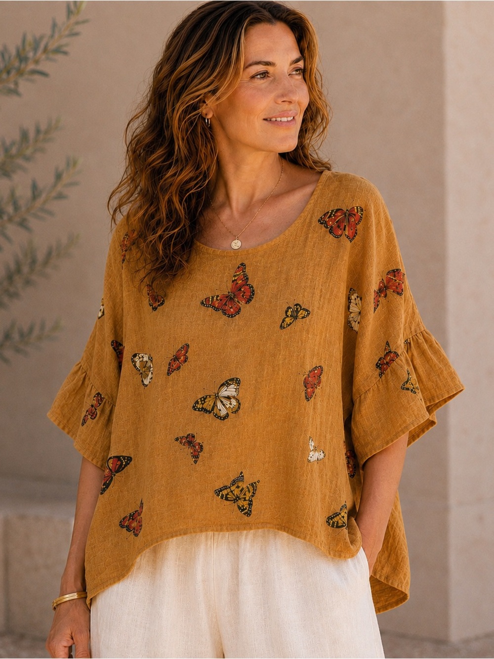 Viola Borghi Linen Butterfly Tunic Top S Italy Bell Sleeve Boho Lagenlook Earthy